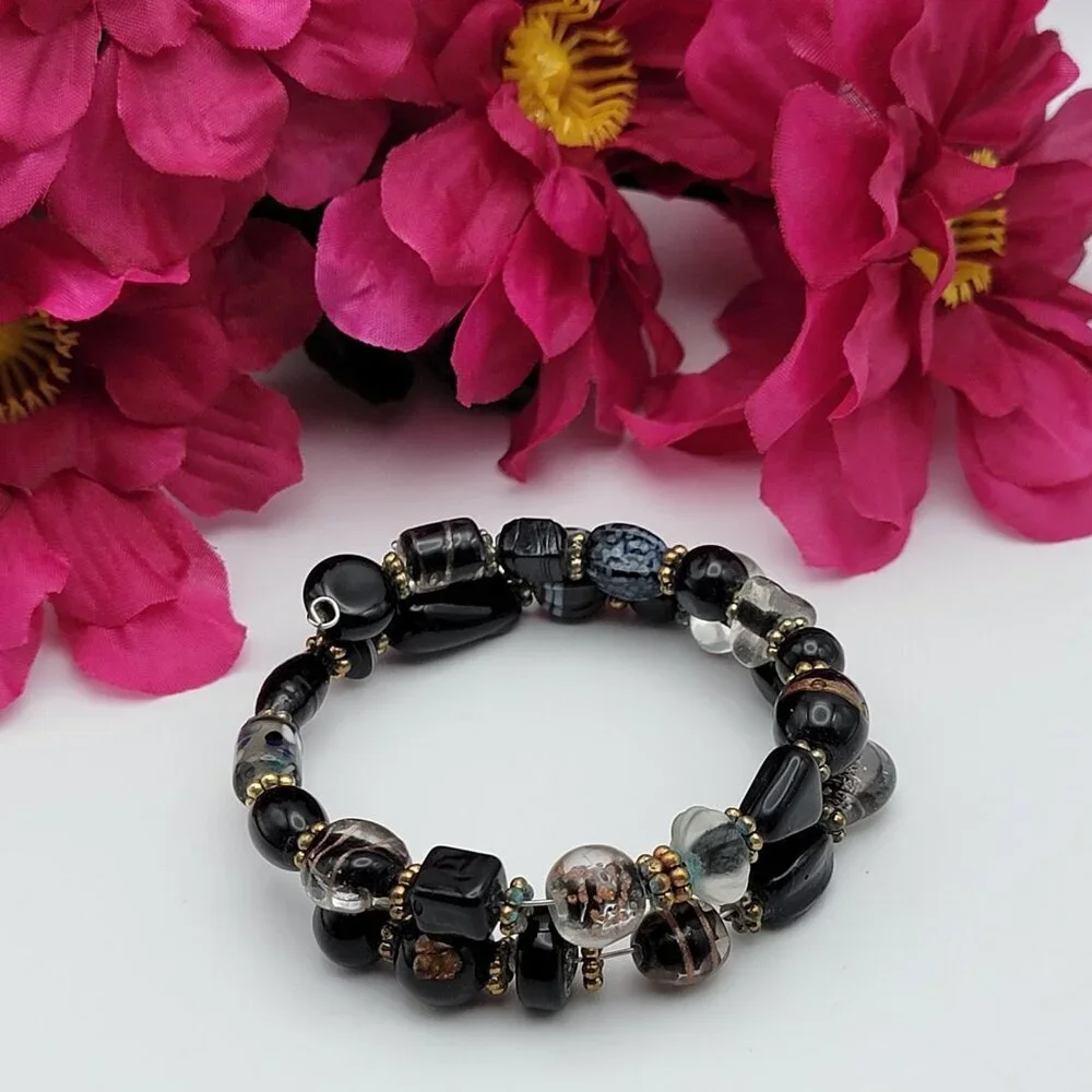 Black Glass Wrap Bracelet Glass Art Mutiple Shapes Gold Tone Spacers 8